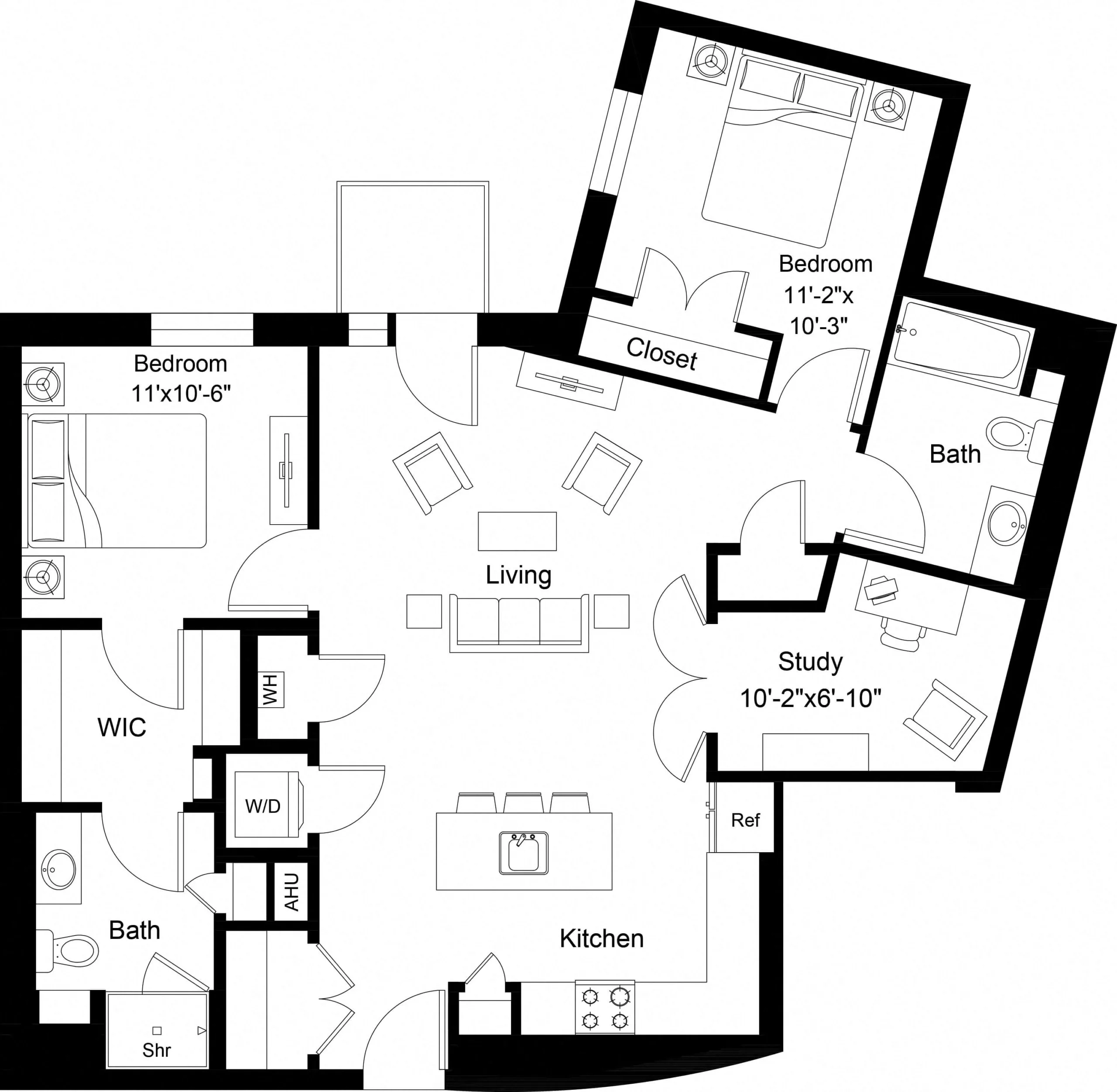 Rendering of the 2 Bed/2 Bath-B14 floor plan with 2 bedroom[s] and 2 bathroom[s] at The Laurent