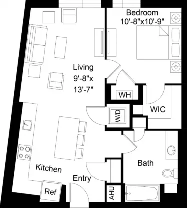 Rendering of the 1 Bed/1 Bath-A26 floor plan with 1 bedroom[s] and 1 bathroom[s] at The Laurent