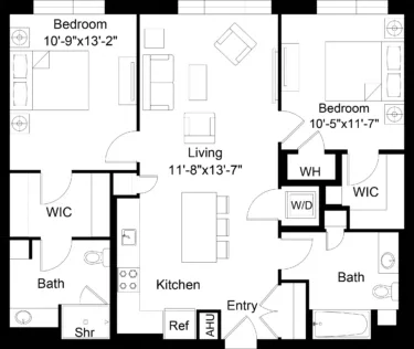 Rendering of the 2 Bed/2 Bath-B1 floor plan with 2 bedroom[s] and 2 bathroom[s] at The Laurent