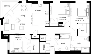 Rendering of the 3 Bed/2 Bath-C1 floor plan with 3 bedroom[s] and 2 bathroom[s] at The Laurent