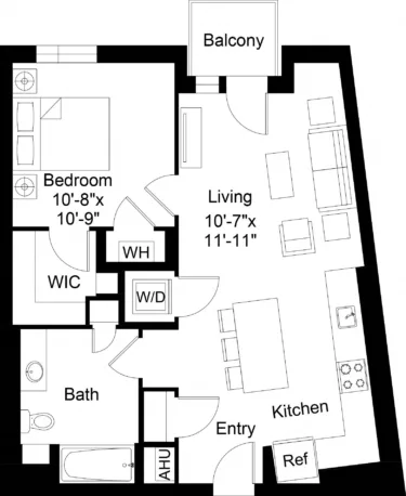 Rendering of the 1 Bed/1 Bath-A25 floor plan with 1 bedroom[s] and 1 bathroom[s] at The Laurent