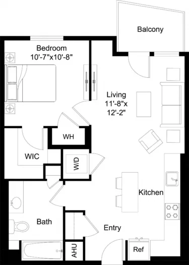 Rendering of the 1 Bed/1 Bath-A1 floor plan with 1 bedroom[s] and 1 bathroom[s] at The Laurent