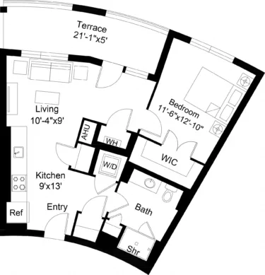 Rendering of the 1 Bed/1 Bath-A16 floor plan with 1 bedroom[s] and 1 bathroom[s] at The Laurent