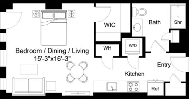 Rendering of the Studio-S10 floor plan with a Studio bedroom and 1 bathroom[s] at The Laurent