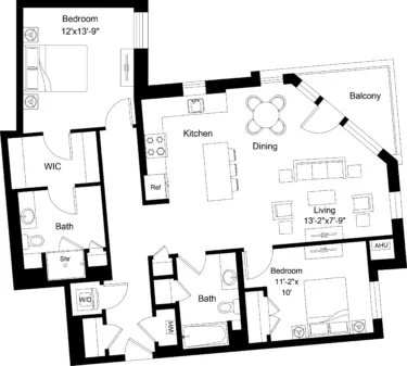 Rendering of the 2 Bed/2 Bath-B15 floor plan with 2 bedroom[s] and 2 bathroom[s] at The Laurent