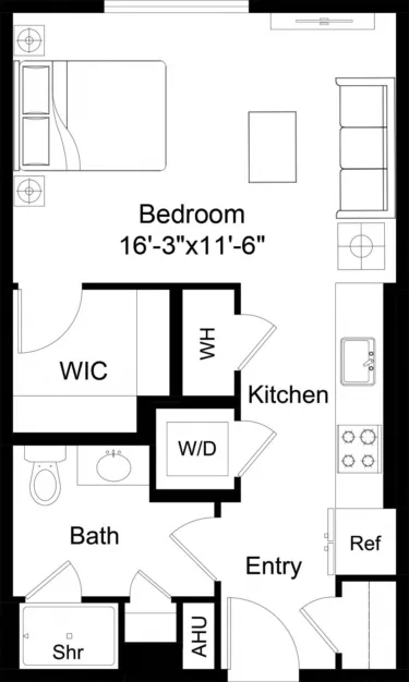Rendering of the Studio-S1 floor plan with a Studio bedroom and 1 bathroom[s] at The Laurent