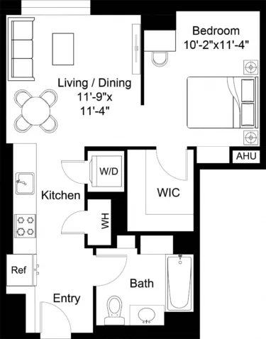 Rendering of the Studio-S8 floor plan with a Studio bedroom and 1 bathroom[s] at The Laurent