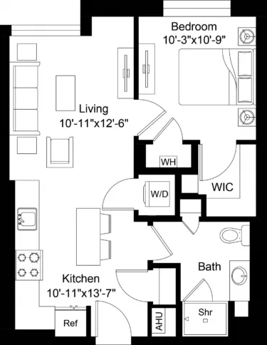 Rendering of the 1 Bed/1 Bath-A6 floor plan with 1 bedroom[s] and 1 bathroom[s] at The Laurent