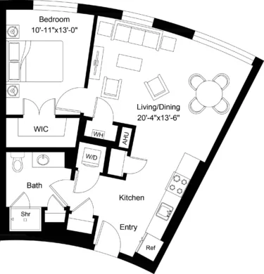 Rendering of the 1 Bed/1 Bath-A8 floor plan with 1 bedroom[s] and 1 bathroom[s] at The Laurent