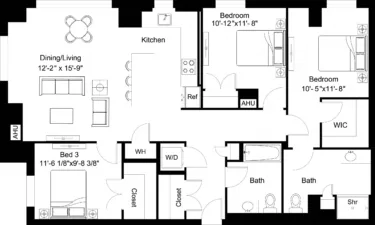 Rendering of the 3 Bed/2 Bath-C2 floor plan with 3 bedroom[s] and 2 bathroom[s] at The Laurent