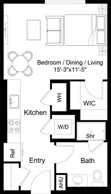 Rendering of the Studio-S2 floor plan with a Studio bedroom and 1 bathroom[s] at The Laurent