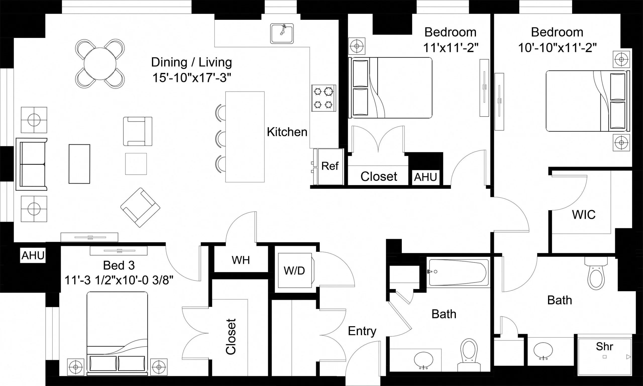 Rendering of the 3 Bed/2 Bath-C6 floor plan with 3 bedroom[s] and 2 bathroom[s] at The Laurent
