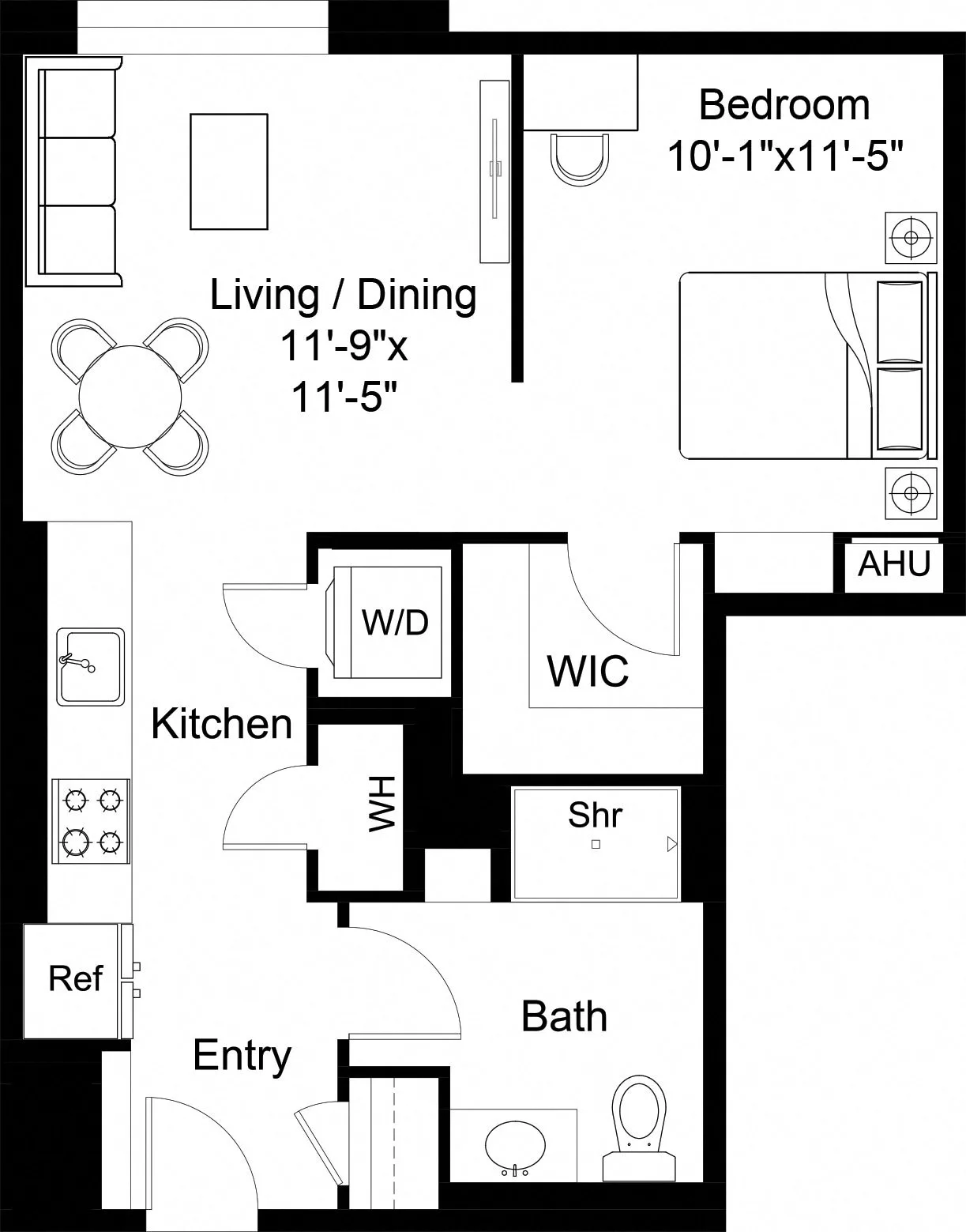 Rendering of the 1 Bed/1 Bath Jr-S7 floor plan with 1 bedroom[s] and 1 bathroom[s] at The Laurent