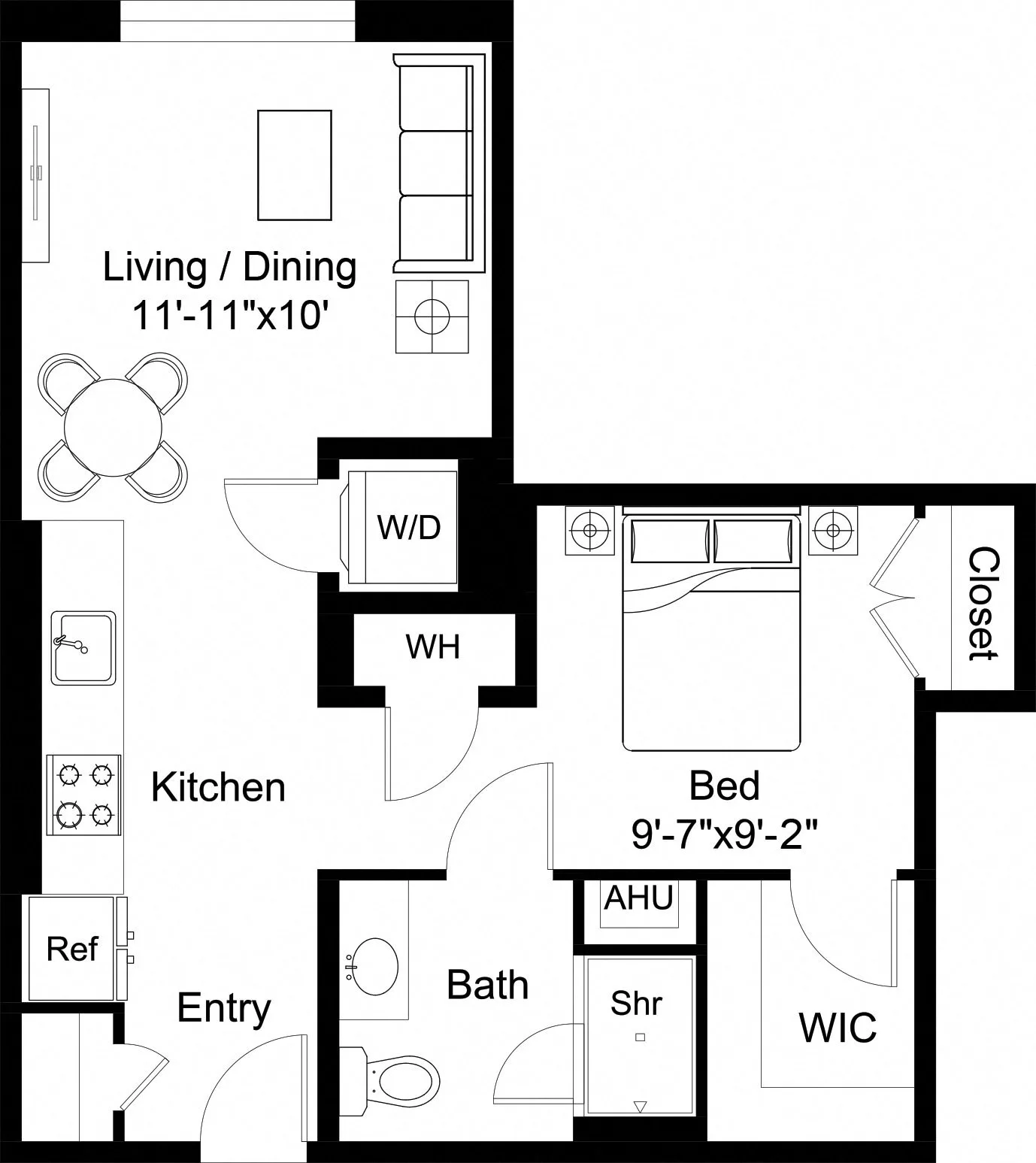 Rendering of the 1 Bed/1 Bath Jr-S6 floor plan with 1 bedroom[s] and 1 bathroom[s] at The Laurent