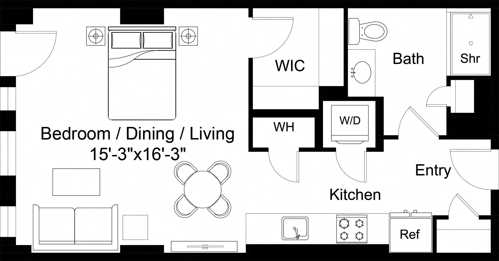 Rendering of the Studio-S10 floor plan with a Studio bedroom and 1 bathroom[s] at The Laurent