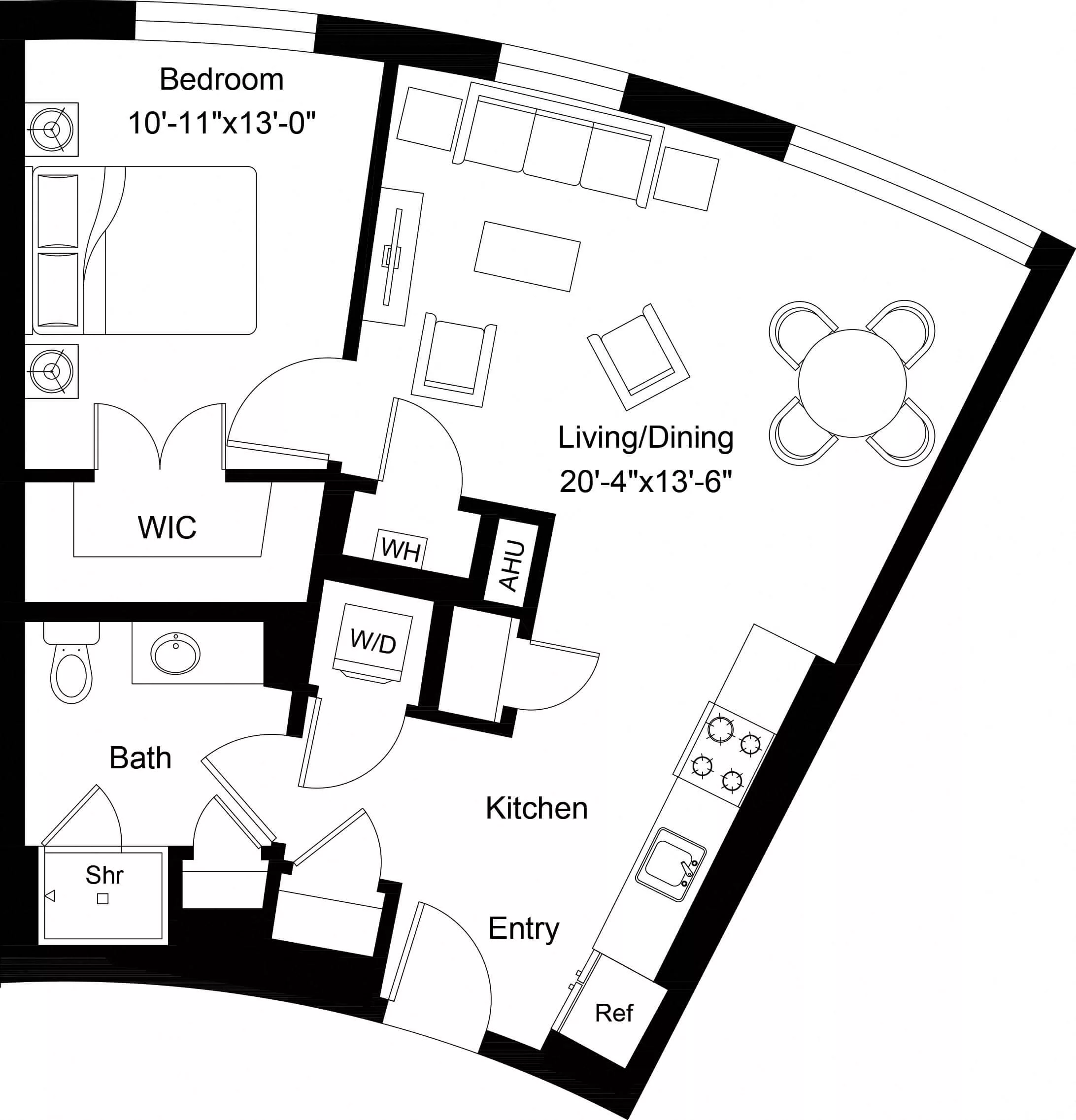 Rendering of the 1 Bed/1 Bath-A8 floor plan with 1 bedroom[s] and 1 bathroom[s] at The Laurent