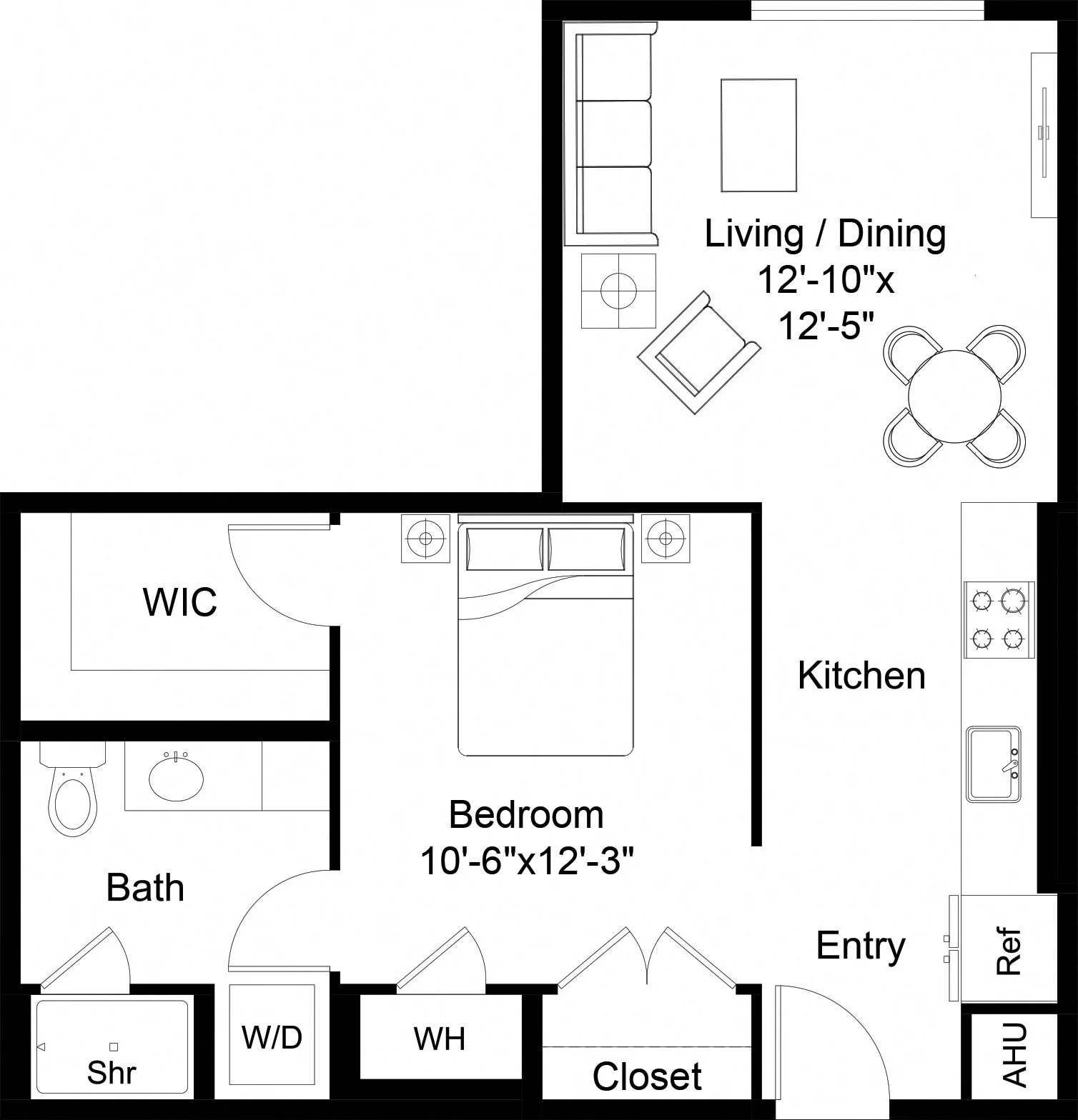 Rendering of the 1 Bed/1 Bath Jr-S5 floor plan with 1 bedroom[s] and 1 bathroom[s] at The Laurent