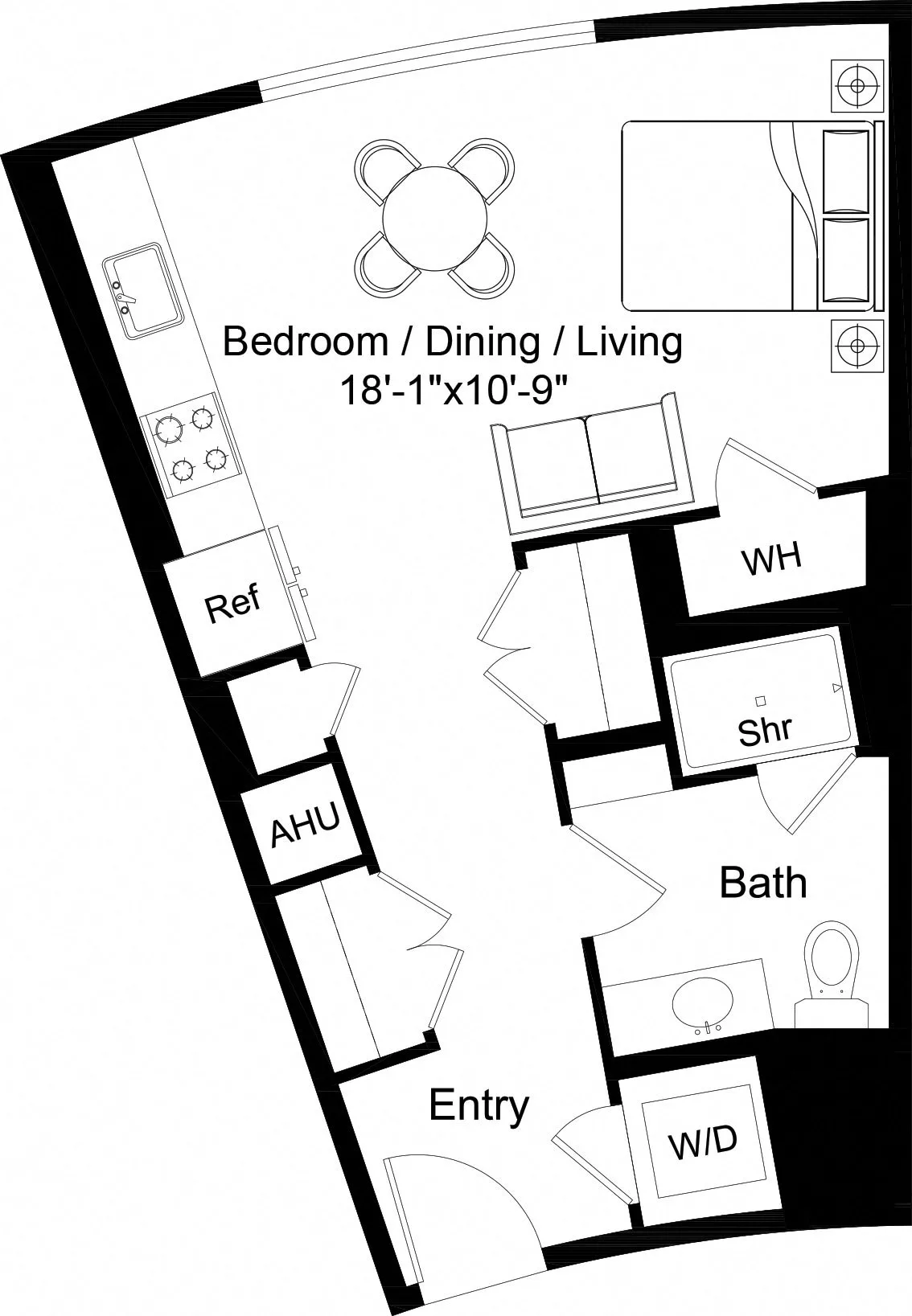 Rendering of the Studio-S4 floor plan with a Studio bedroom and 1 bathroom[s] at The Laurent