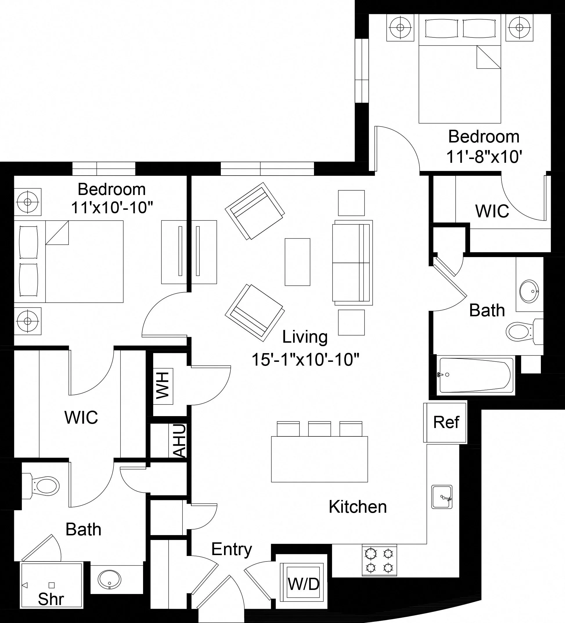 Rendering of the 2 Bed/2 Bath-B21 floor plan with 2 bedroom[s] and 2 bathroom[s] at The Laurent