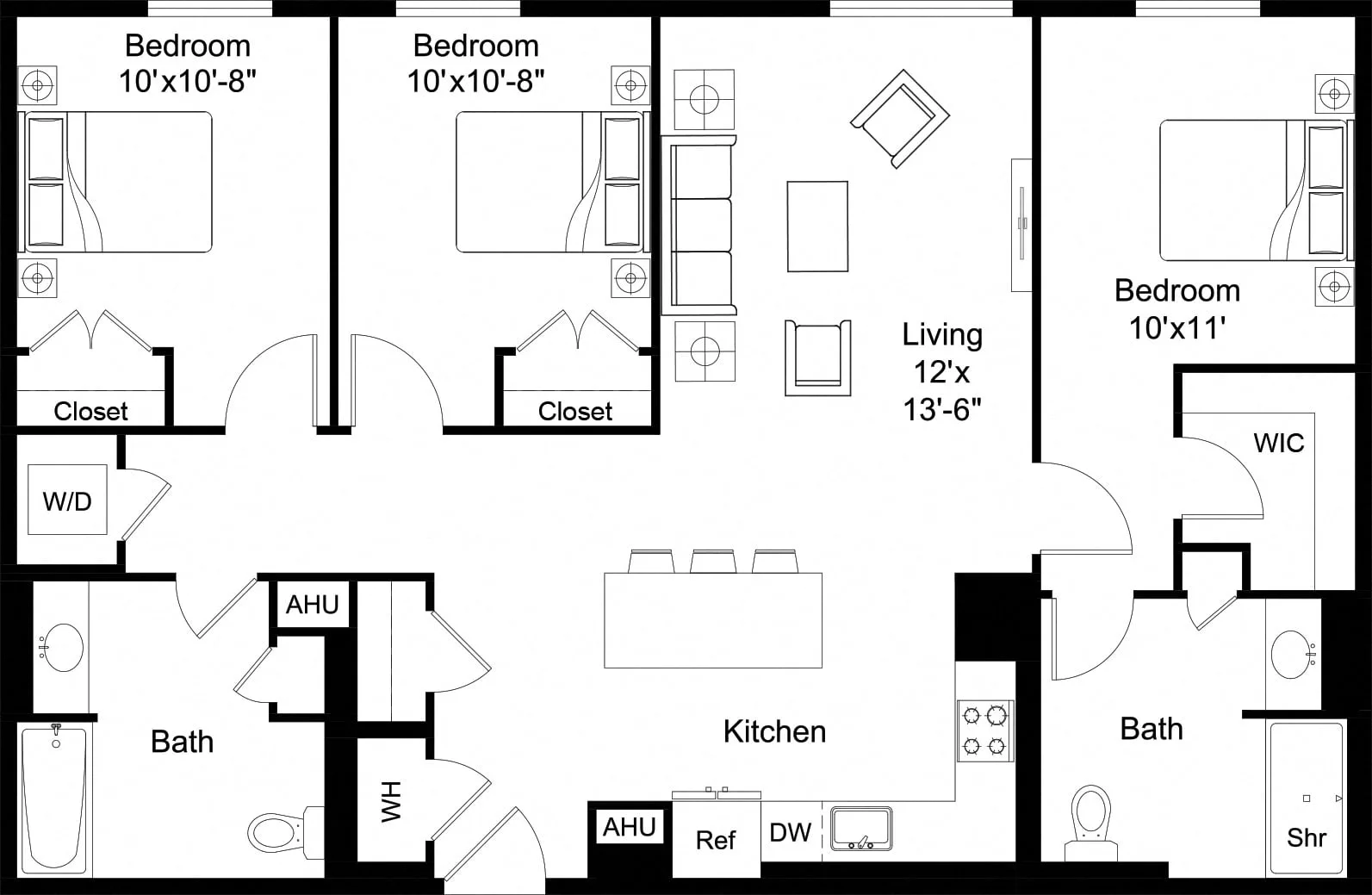 Rendering of the 3 Bed/2 Bath-C3 floor plan with 3 bedroom[s] and 2 bathroom[s] at The Laurent