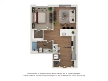 Rendering of the A5-688 floor plan with 1 bedroom[s] and 1 bathroom[s] at Notion