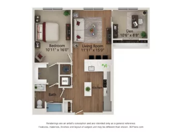 Rendering of the A3D-898 floor plan with 1 bedroom[s] and 1 bathroom[s] at Notion