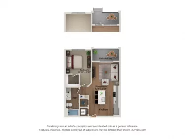 Rendering of the A1.a-635 floor plan with 1 bedroom[s] and 1 bathroom[s] at Notion