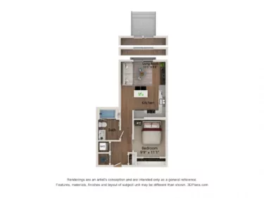 Rendering of the S1.b-580 floor plan with a Studio bedroom and 1 bathroom[s] at Notion