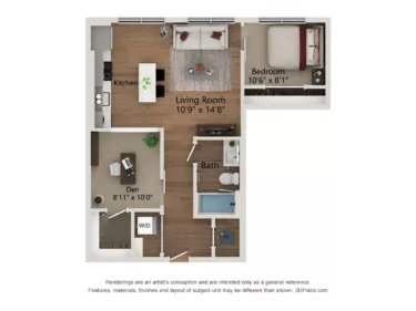 Rendering of the A2D-743 floor plan with 1 bedroom[s] and 1 bathroom[s] at Notion