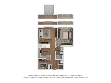 Rendering of the A1D.b-729 floor plan with 1 bedroom[s] and 1 bathroom[s] at Notion