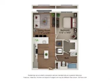 Rendering of the A6.c-744 floor plan with 1 bedroom[s] and 1 bathroom[s] at Notion