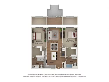 Rendering of the B7.a-1154 floor plan with 2 bedroom[s] and 2 bathroom[s] at Notion