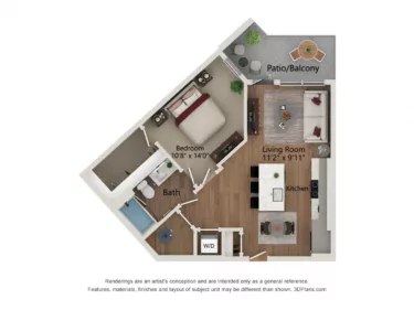 Rendering of the A3-678 floor plan with 1 bedroom[s] and 1 bathroom[s] at Notion