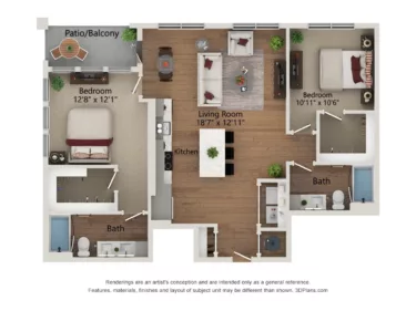 Rendering of the B6-1154 floor plan with 2 bedroom[s] and 2 bathroom[s] at Notion