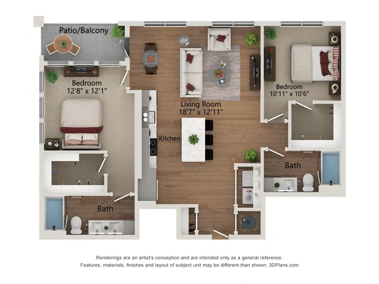 Rendering of the B6-1154 floor plan with 2 bedroom[s] and 2 bathroom[s] at Notion