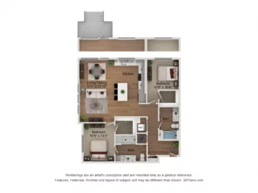 Rendering of the B9.a-1257 floor plan with 2 bedroom[s] and 2 bathroom[s] at Notion