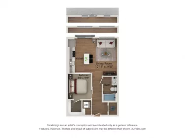 Rendering of the S2.b-620 floor plan with a Studio bedroom and 1 bathroom[s] at Notion