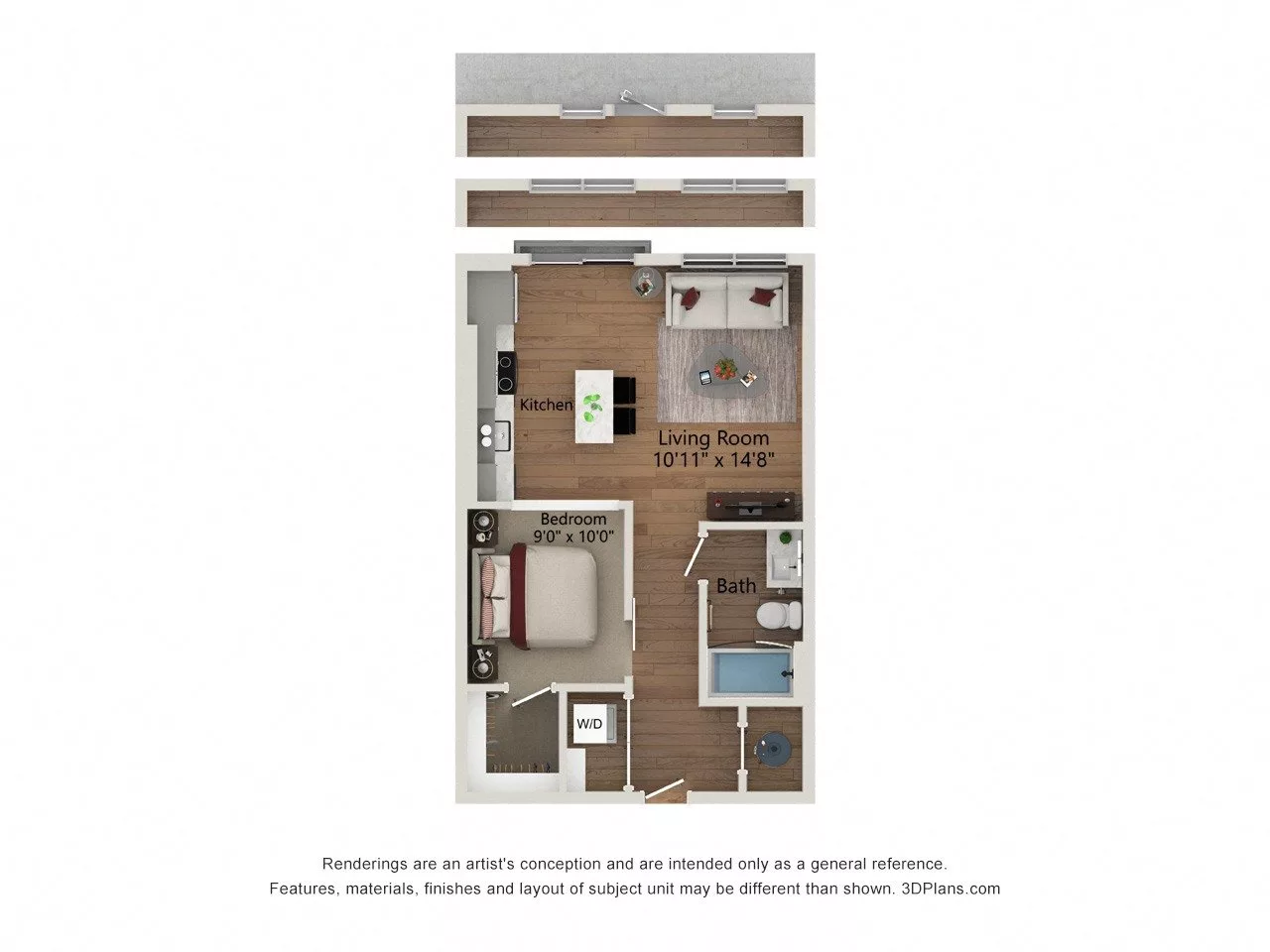 Rendering of the S2.b-620 floor plan with a Studio bedroom and 1 bathroom[s] at Notion