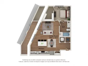 Rendering of the A7.a-803 floor plan with 1 bedroom[s] and 1 bathroom[s] at Notion