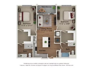 Rendering of the B2.a-1095 floor plan with 2 bedroom[s] and 2 bathroom[s] at Notion