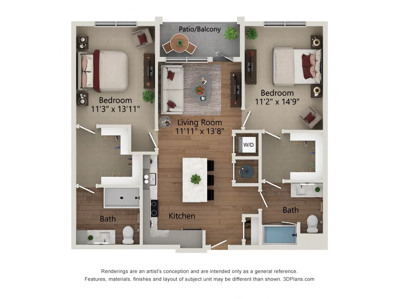 Rendering of the B2.a-1095 floor plan with 2 bedroom[s] and 2 bathroom[s] at Notion