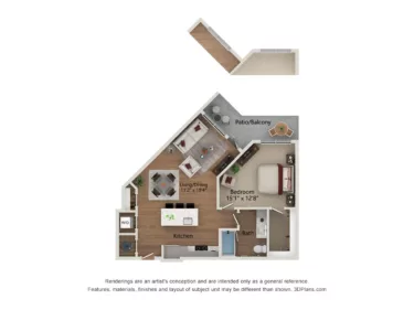 Rendering of the A8.a-812 floor plan with 1 bedroom[s] and 1 bathroom[s] at Notion