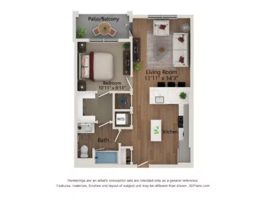 Rendering of the A5-688 floor plan with 1 bedroom[s] and 1 bathroom[s] at Notion