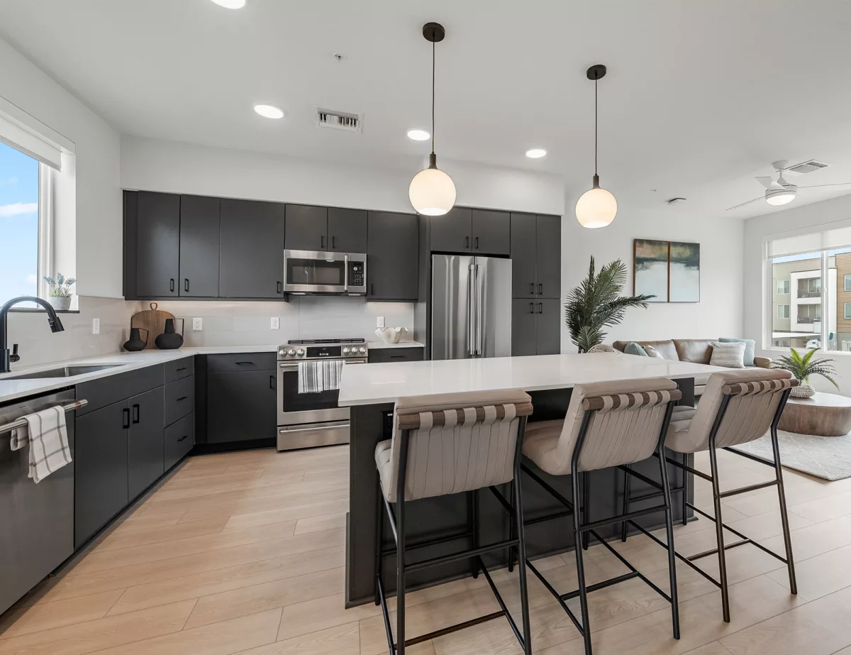 Modern kitchen with dark cabinets, island seating, and adjacent living area.