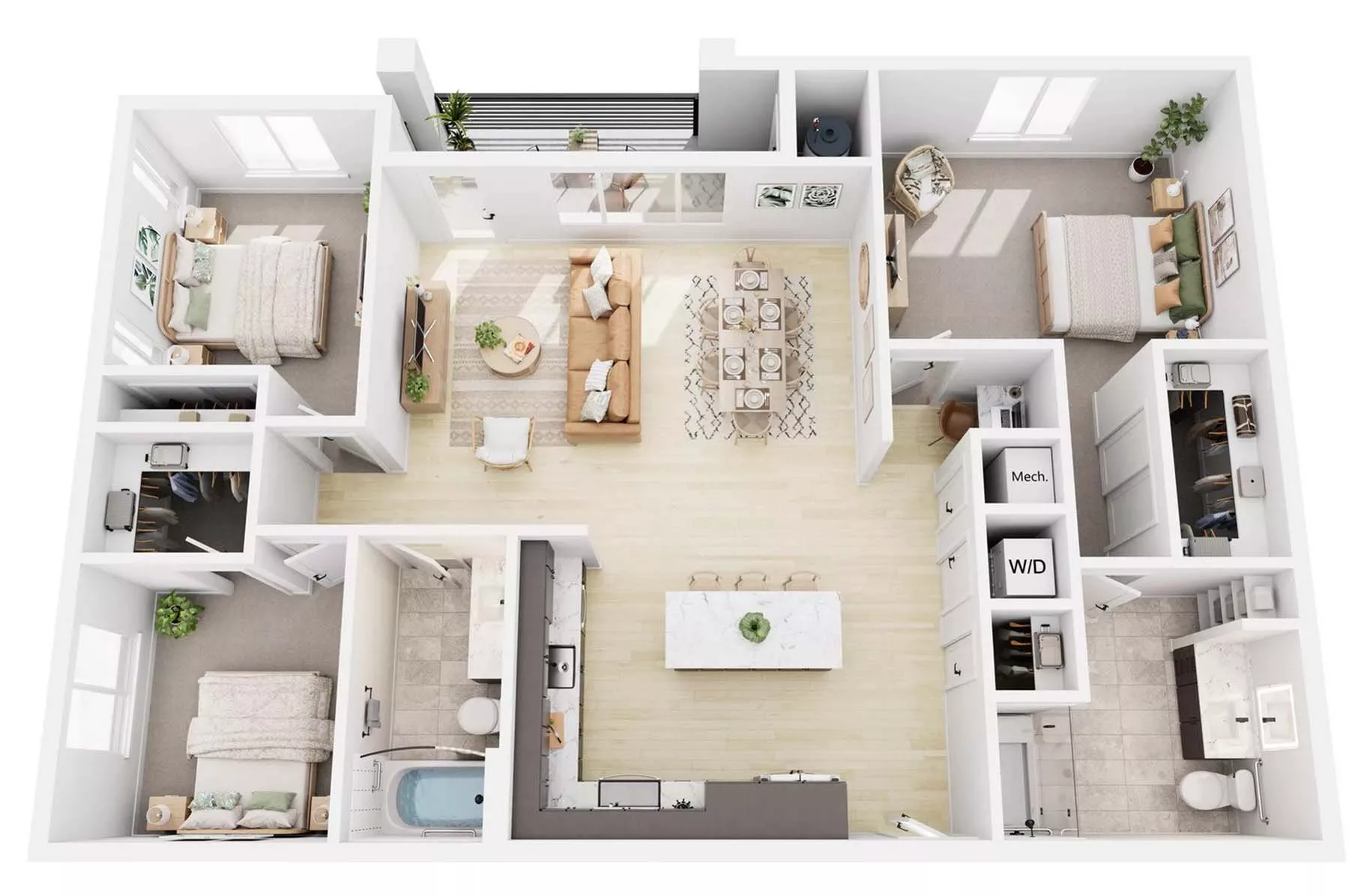 3-bedroom apartment layout with open kitchen, dining, and living room area.