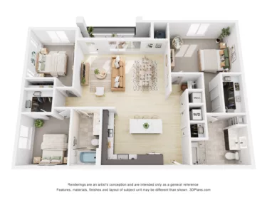 Rendering of the C1 floor plan with 3 bedroom[s] and 2 bathroom[s] at Navona