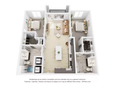 Rendering of the B2 floor plan with 2 bedroom[s] and 2 bathroom[s] at Navona
