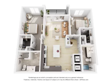 Rendering of the B1 floor plan with 2 bedroom[s] and 2 bathroom[s] at Navona