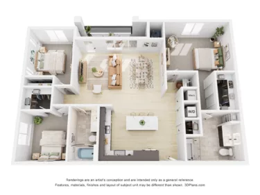 Rendering of the C1 floor plan with 3 bedroom[s] and 2 bathroom[s] at Navona