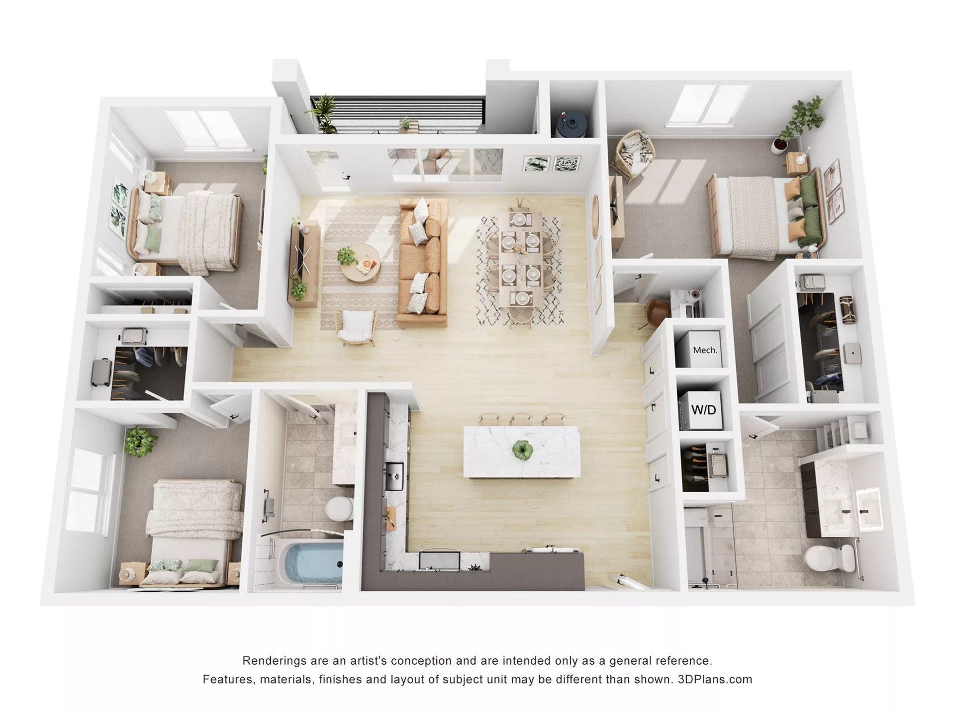 Rendering of the C1 floor plan with 3 bedroom[s] and 2 bathroom[s] at Navona